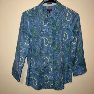 Talbots Blue Green Paisley Button Down Blouse